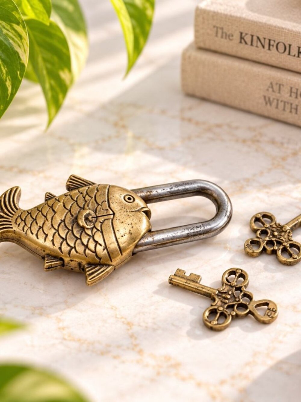 Fish-Shaped Brass Padlock With Two Vintage Keys Decorative & Functional Lock